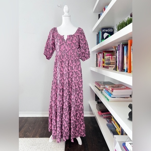 Roller Rabbit Square Neck pink Floral Print Tiered Waistless Maxi Dress Sz Large - Picture 1 of 14
